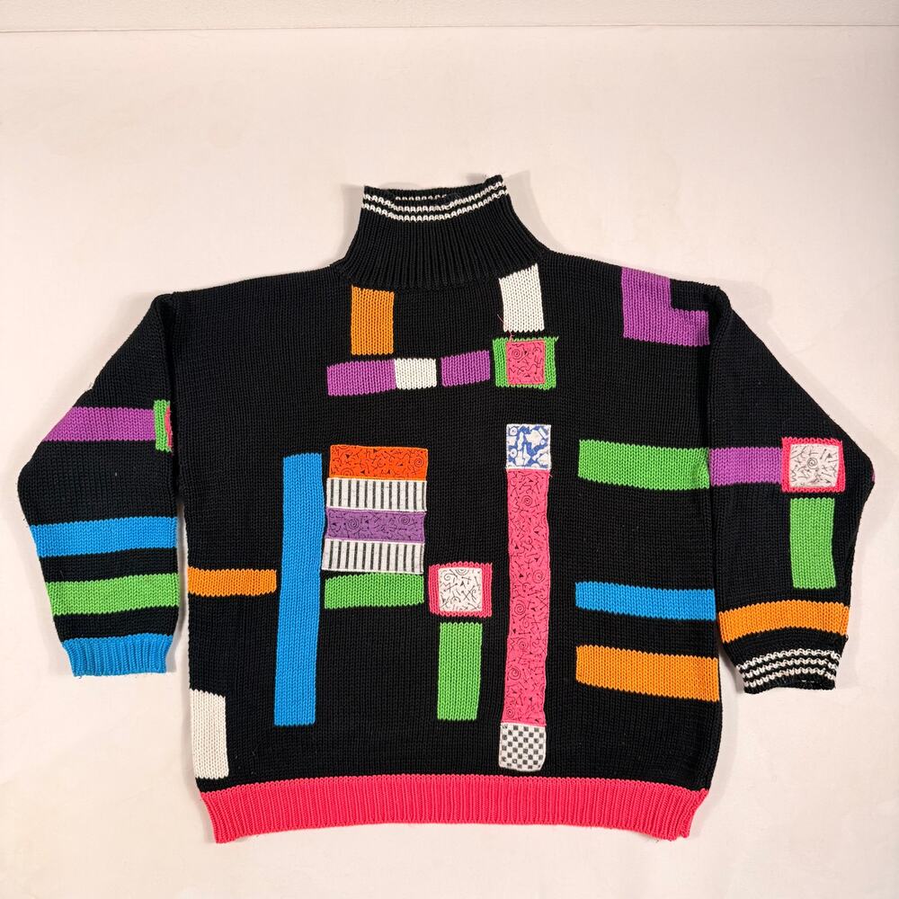 Vintage Esprit Sport Black Neon Colorblock Geometric Appliqué Sweater